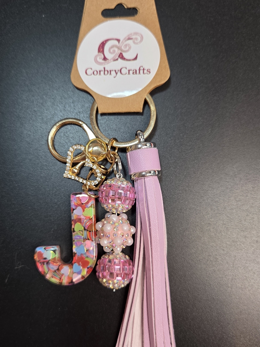 Personalized Handmade 'J' Tassel Keychain Charm with Sparkly Beads in Pink - Picture 11 of 12